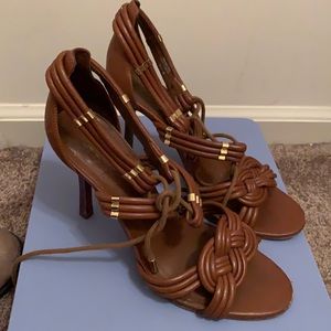 Tory Burch brown leather and gold braided heeled sandal